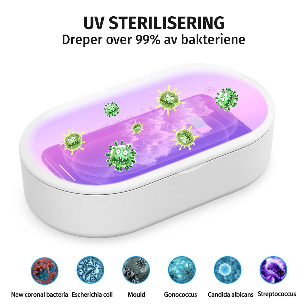2i1 UV sterilisering og Trådløs Lader for Mobil 2i1 UV sterilisering og Trådløs Lader for Mobil